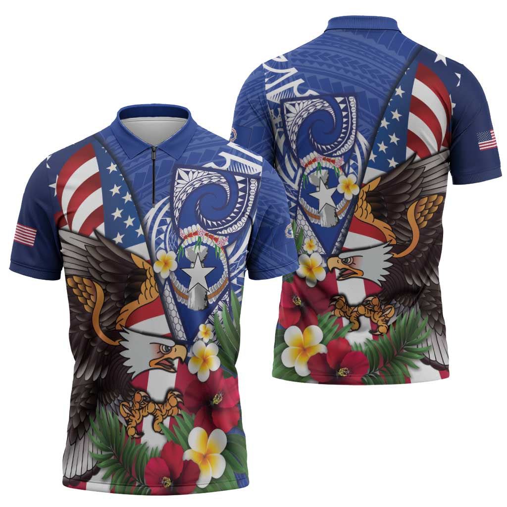 United States and Northern Mariana Islands Zipper Polo Shirt USA Flag Eagle CNMI Latte Stone Tropical Flowers LT14 - Polynesian Pride
