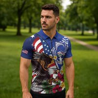 United States and Northern Mariana Islands Zipper Polo Shirt USA Flag Eagle CNMI Latte Stone Tropical Flowers LT14 - Polynesian Pride