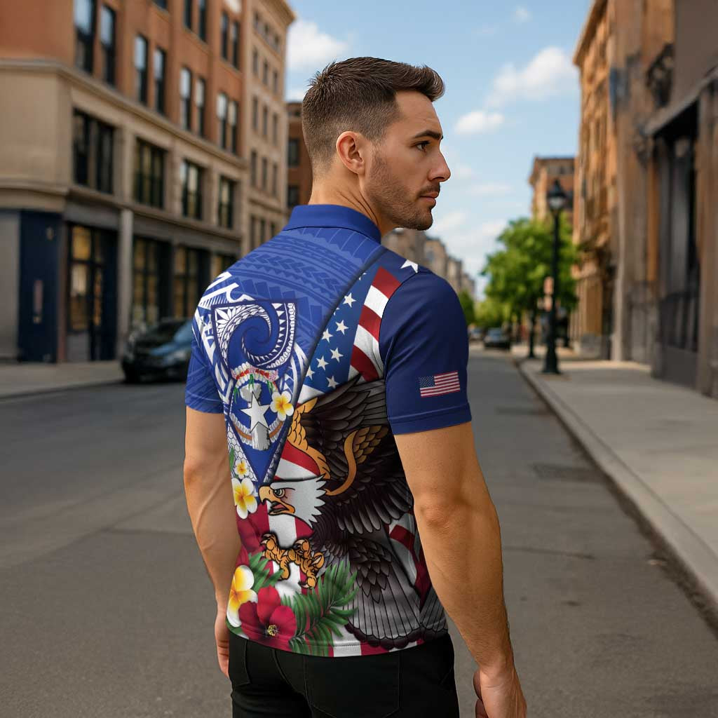 United States and Northern Mariana Islands Zipper Polo Shirt USA Flag Eagle CNMI Latte Stone Tropical Flowers LT14 - Polynesian Pride