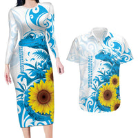 New Zealand Autism Awareness Month Couples Matching Long Sleeve Bodycon Dress and Hawaiian Shirt Takiwatanga Maori Lizard With Sunflower LT14 Blue - Polynesian Pride