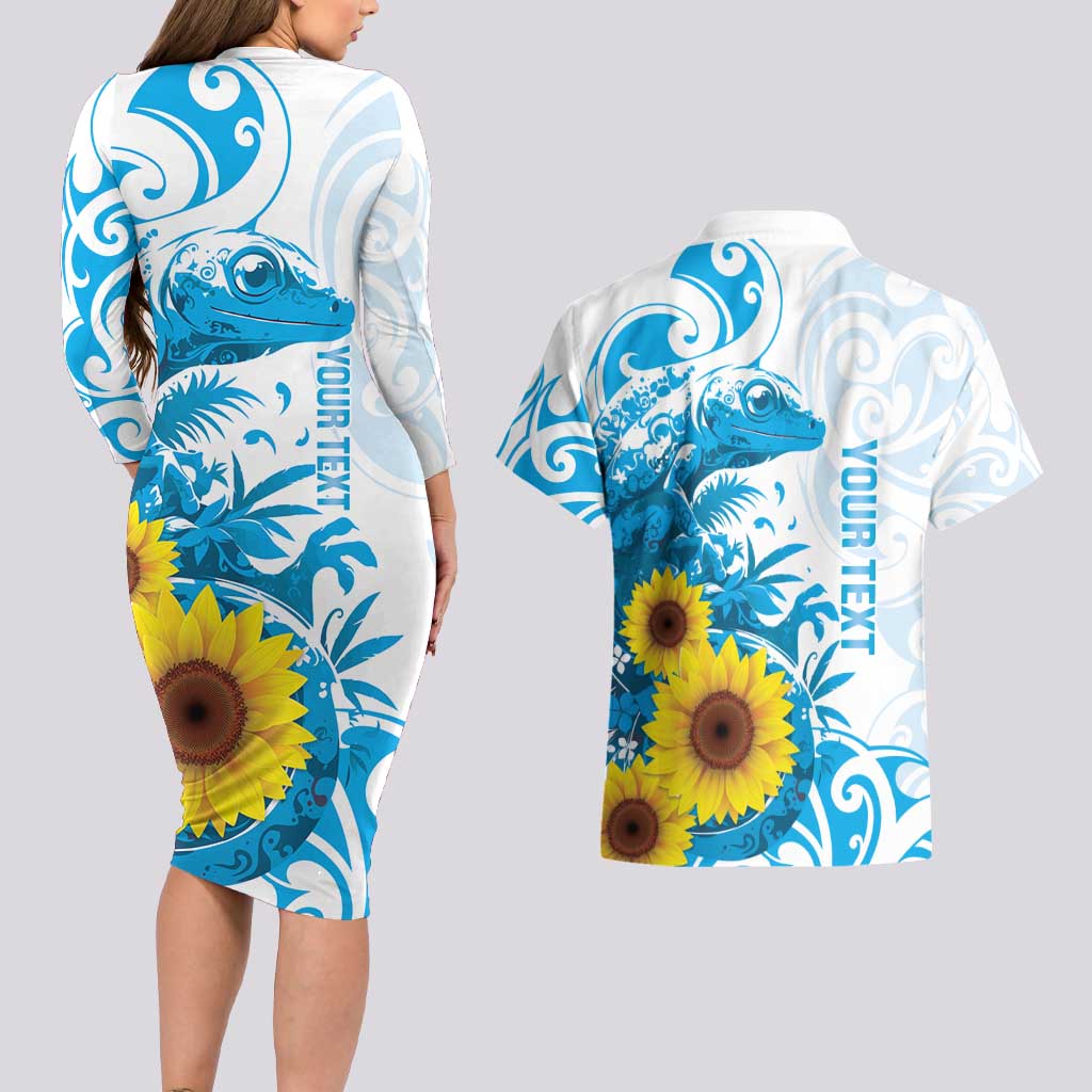 New Zealand Autism Awareness Month Couples Matching Long Sleeve Bodycon Dress and Hawaiian Shirt Takiwatanga Maori Lizard With Sunflower LT14 - Polynesian Pride