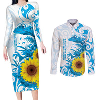 New Zealand Autism Awareness Month Couples Matching Long Sleeve Bodycon Dress and Long Sleeve Button Shirt Takiwatanga Maori Lizard With Sunflower LT14 Blue - Polynesian Pride