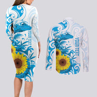 New Zealand Autism Awareness Month Couples Matching Long Sleeve Bodycon Dress and Long Sleeve Button Shirt Takiwatanga Maori Lizard With Sunflower LT14 - Polynesian Pride