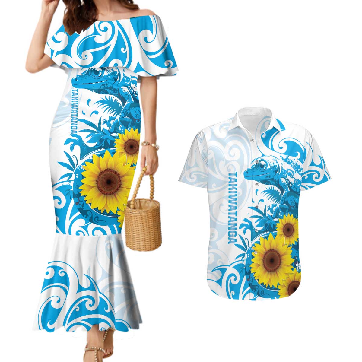 New Zealand Autism Awareness Month Couples Matching Mermaid Dress and Hawaiian Shirt Takiwatanga Maori Lizard With Sunflower LT14 Blue - Polynesian Pride