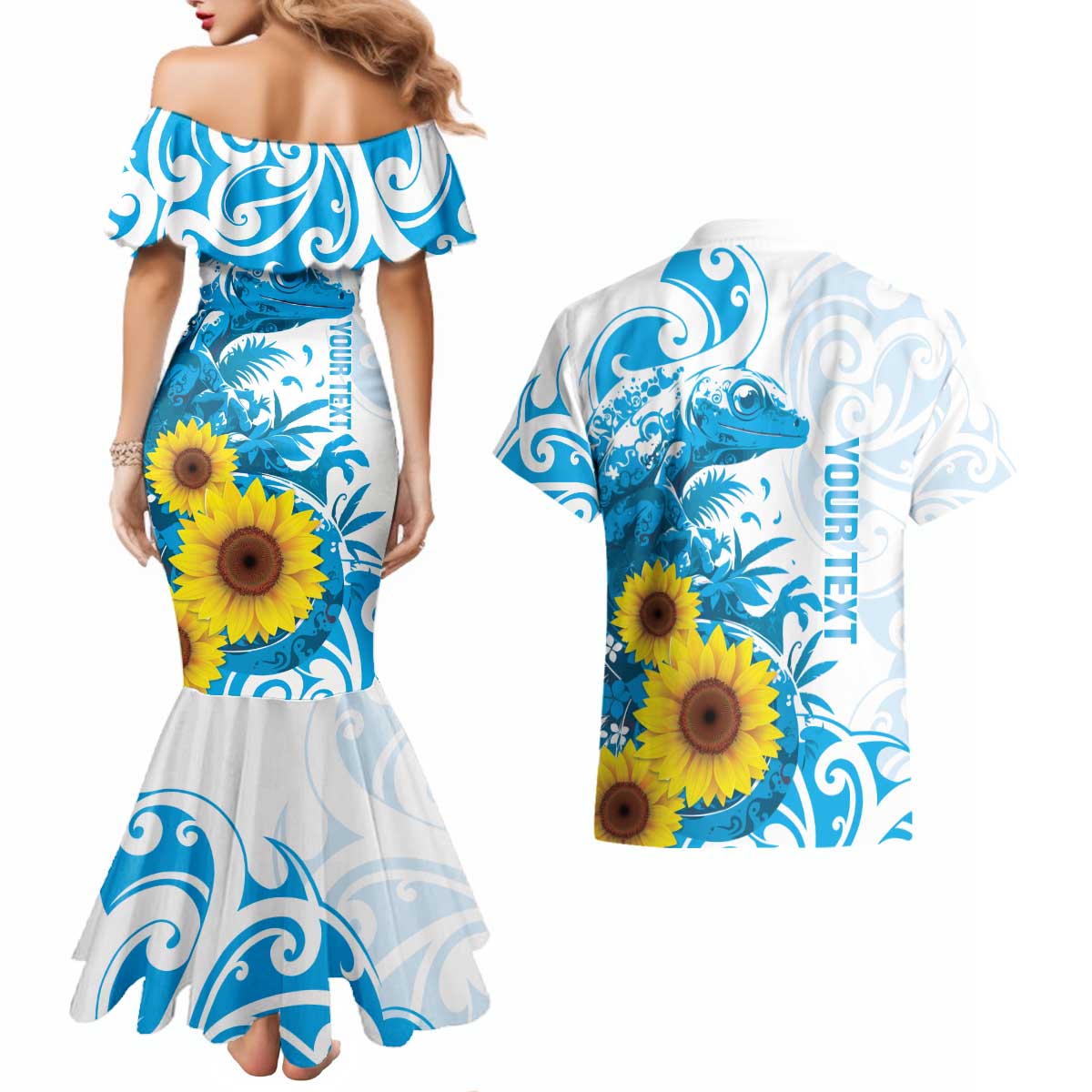 New Zealand Autism Awareness Month Couples Matching Mermaid Dress and Hawaiian Shirt Takiwatanga Maori Lizard With Sunflower LT14 - Polynesian Pride