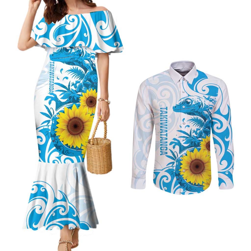 New Zealand Autism Awareness Month Couples Matching Mermaid Dress and Long Sleeve Button Shirt Takiwatanga Maori Lizard With Sunflower LT14 Blue - Polynesian Pride