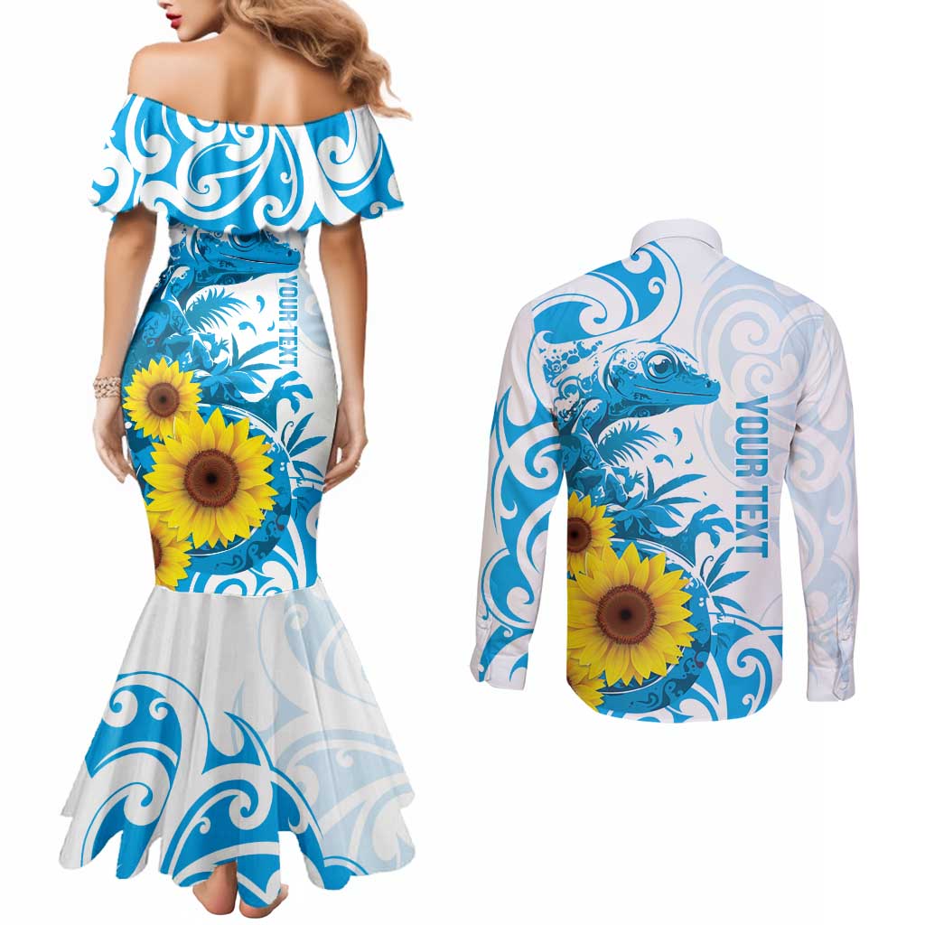 New Zealand Autism Awareness Month Couples Matching Mermaid Dress and Long Sleeve Button Shirt Takiwatanga Maori Lizard With Sunflower LT14 - Polynesian Pride