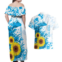 New Zealand Autism Awareness Month Couples Matching Off Shoulder Maxi Dress and Hawaiian Shirt Takiwatanga Maori Lizard With Sunflower LT14 - Polynesian Pride