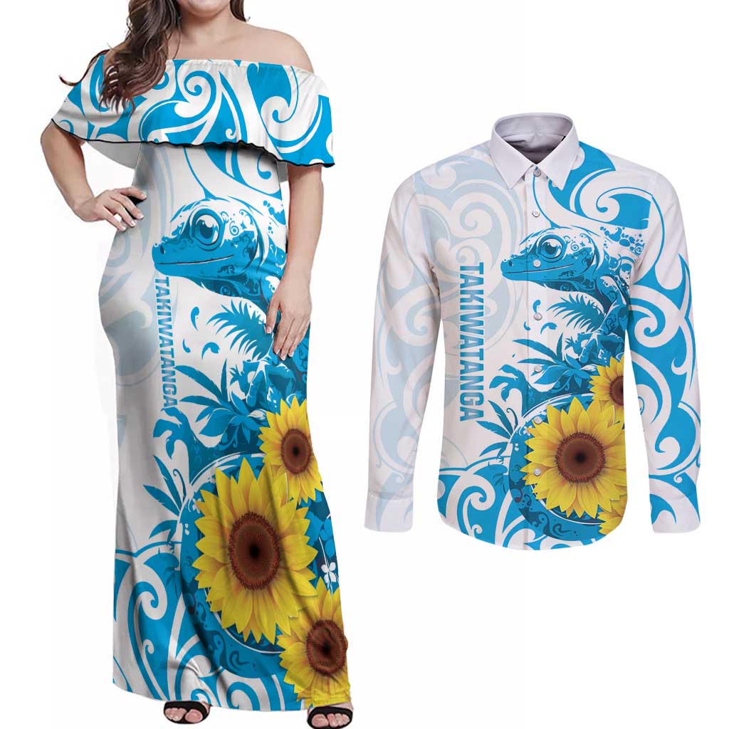 New Zealand Autism Awareness Month Couples Matching Off Shoulder Maxi Dress and Long Sleeve Button Shirt Takiwatanga Maori Lizard With Sunflower LT14 Blue - Polynesian Pride
