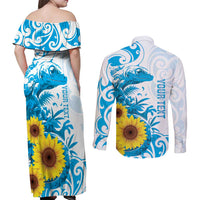 New Zealand Autism Awareness Month Couples Matching Off Shoulder Maxi Dress and Long Sleeve Button Shirt Takiwatanga Maori Lizard With Sunflower LT14 - Polynesian Pride