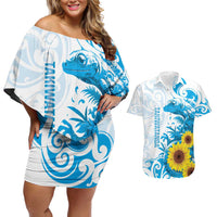 New Zealand Autism Awareness Month Couples Matching Off Shoulder Short Dress and Hawaiian Shirt Takiwatanga Maori Lizard With Sunflower LT14 Blue - Polynesian Pride