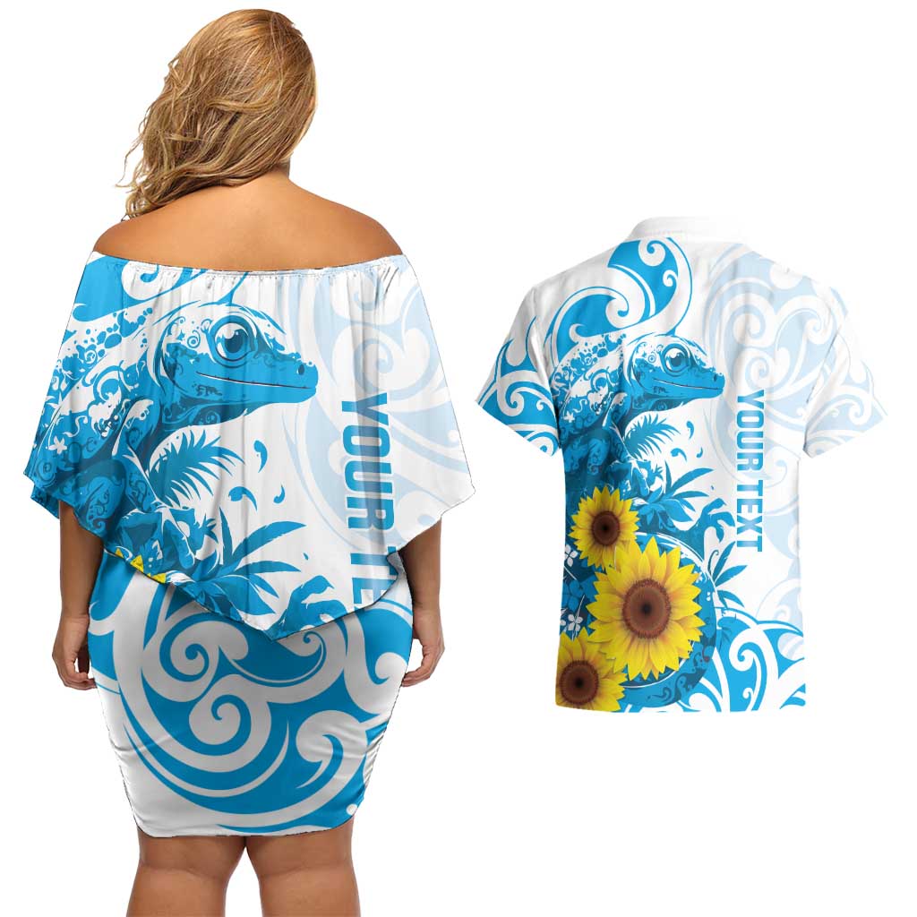 New Zealand Autism Awareness Month Couples Matching Off Shoulder Short Dress and Hawaiian Shirt Takiwatanga Maori Lizard With Sunflower LT14 - Polynesian Pride