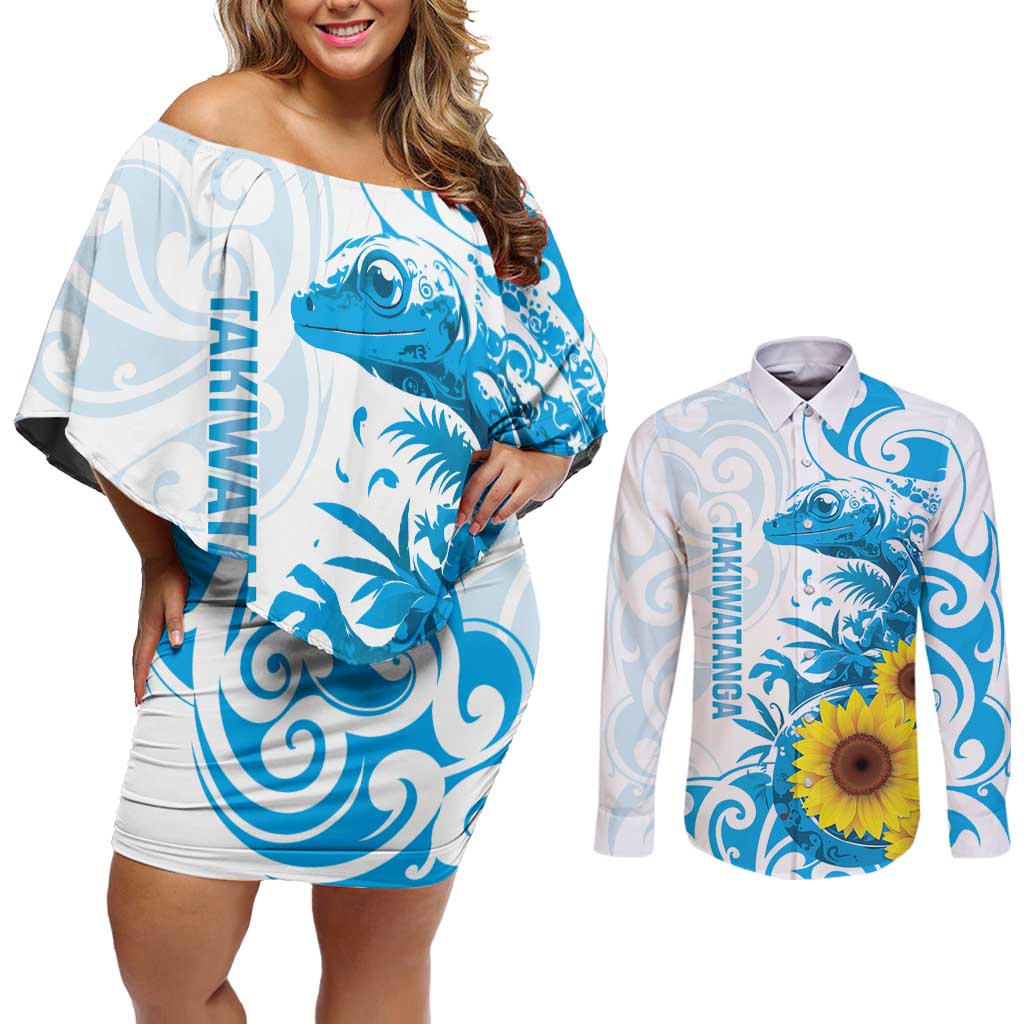 New Zealand Autism Awareness Month Couples Matching Off Shoulder Short Dress and Long Sleeve Button Shirt Takiwatanga Maori Lizard With Sunflower LT14 Blue - Polynesian Pride