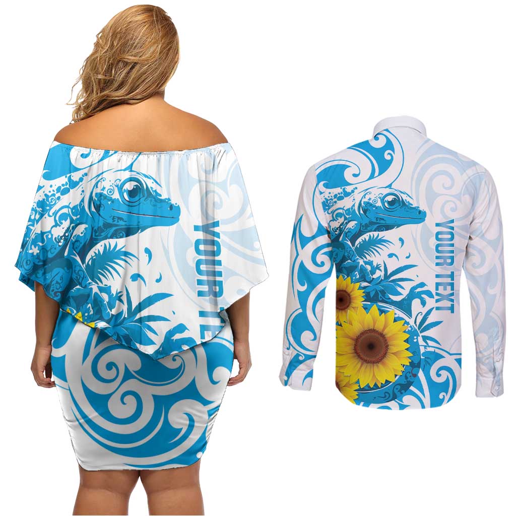 New Zealand Autism Awareness Month Couples Matching Off Shoulder Short Dress and Long Sleeve Button Shirt Takiwatanga Maori Lizard With Sunflower LT14 - Polynesian Pride
