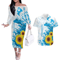 New Zealand Autism Awareness Month Couples Matching Off The Shoulder Long Sleeve Dress and Hawaiian Shirt Takiwatanga Maori Lizard With Sunflower LT14 Blue - Polynesian Pride