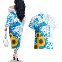 New Zealand Autism Awareness Month Couples Matching Off The Shoulder Long Sleeve Dress and Hawaiian Shirt Takiwatanga Maori Lizard With Sunflower LT14 - Polynesian Pride