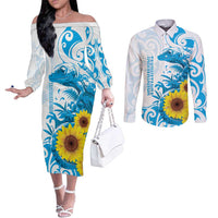 New Zealand Autism Awareness Month Couples Matching Off The Shoulder Long Sleeve Dress and Long Sleeve Button Shirt Takiwatanga Maori Lizard With Sunflower LT14 Blue - Polynesian Pride