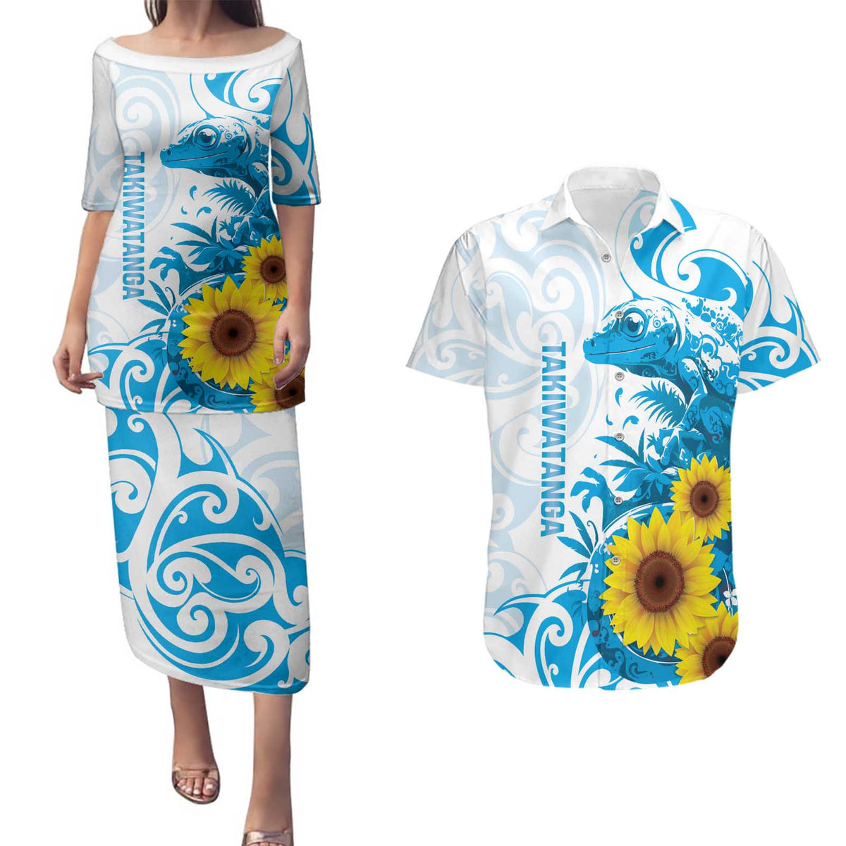 New Zealand Autism Awareness Month Couples Matching Puletasi and Hawaiian Shirt Takiwatanga Maori Lizard With Sunflower LT14 Blue - Polynesian Pride
