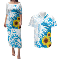 New Zealand Autism Awareness Month Couples Matching Puletasi and Hawaiian Shirt Takiwatanga Maori Lizard With Sunflower LT14 Blue - Polynesian Pride