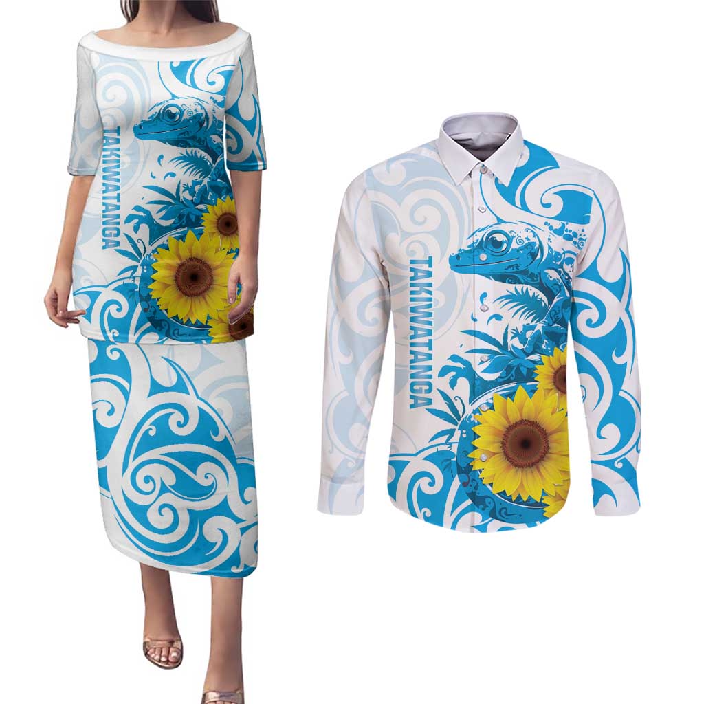 New Zealand Autism Awareness Month Couples Matching Puletasi and Long Sleeve Button Shirt Takiwatanga Maori Lizard With Sunflower LT14 Blue - Polynesian Pride