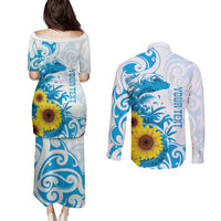 New Zealand Autism Awareness Month Couples Matching Puletasi and Long Sleeve Button Shirt Takiwatanga Maori Lizard With Sunflower LT14 - Polynesian Pride