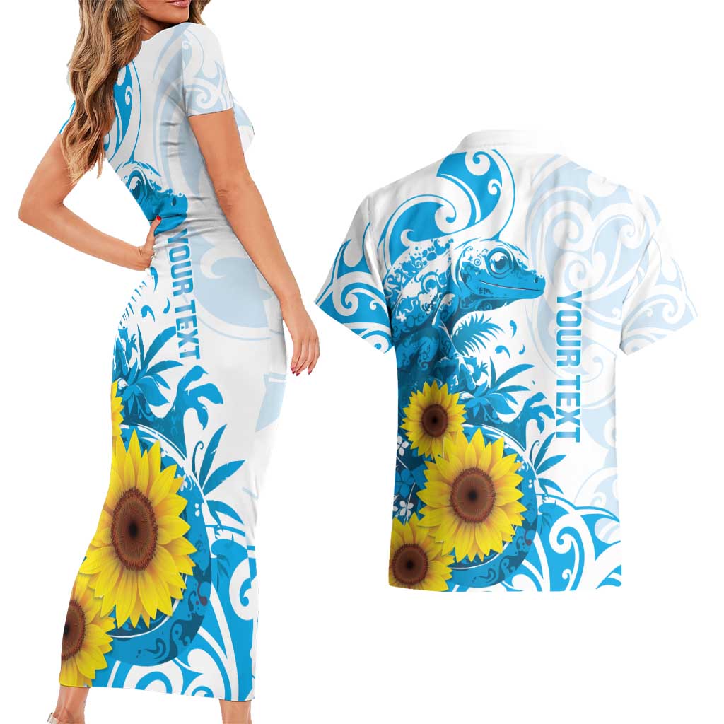 New Zealand Autism Awareness Month Couples Matching Short Sleeve Bodycon Dress and Hawaiian Shirt Takiwatanga Maori Lizard With Sunflower LT14 - Polynesian Pride
