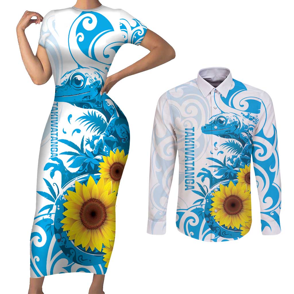 New Zealand Autism Awareness Month Couples Matching Short Sleeve Bodycon Dress and Long Sleeve Button Shirt Takiwatanga Maori Lizard With Sunflower LT14 Blue - Polynesian Pride
