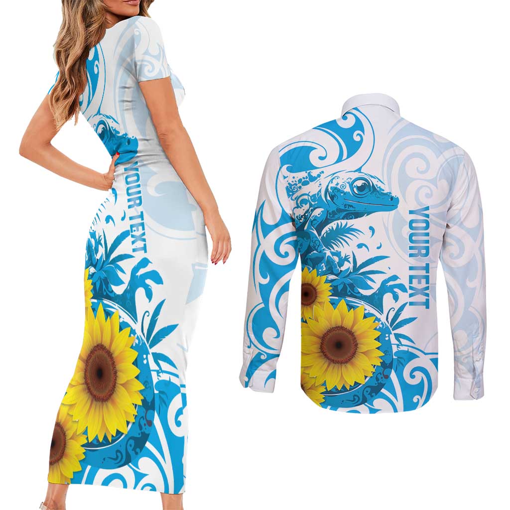 New Zealand Autism Awareness Month Couples Matching Short Sleeve Bodycon Dress and Long Sleeve Button Shirt Takiwatanga Maori Lizard With Sunflower LT14 - Polynesian Pride
