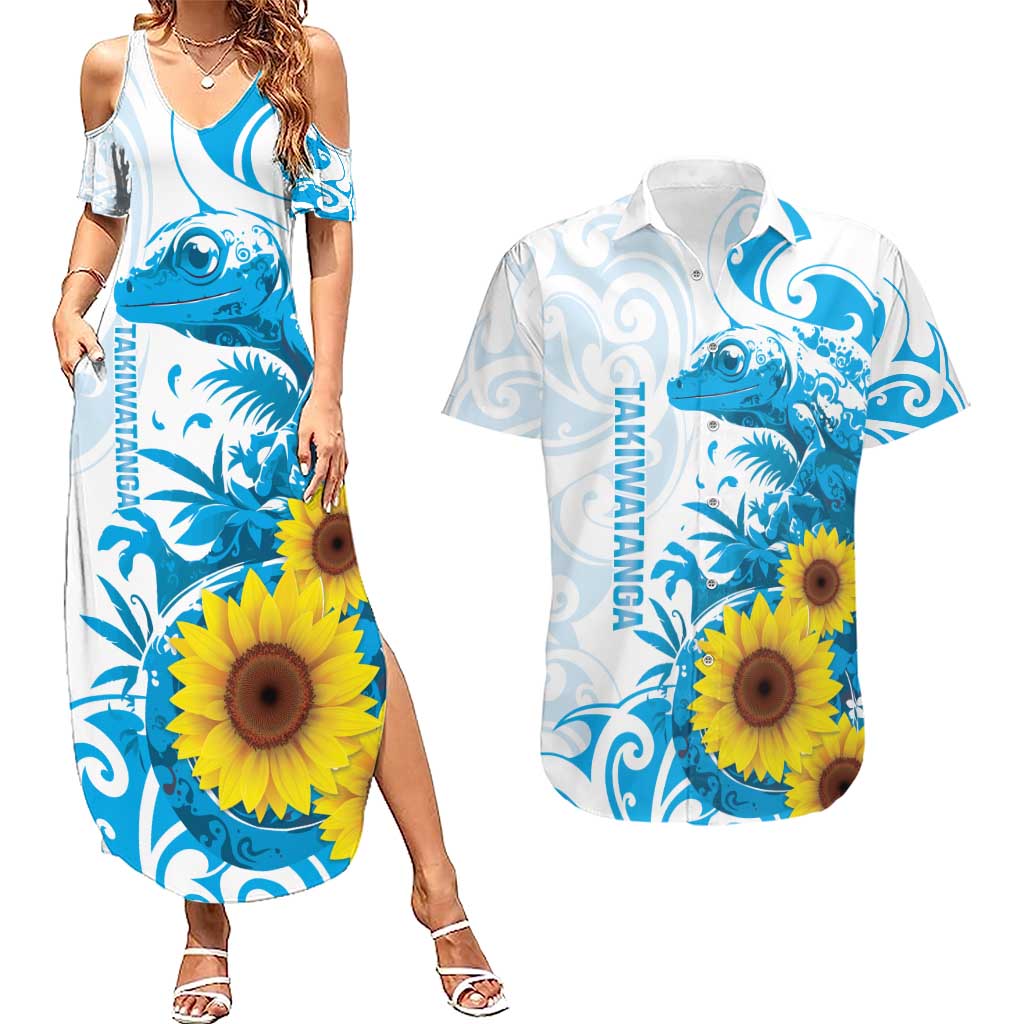 New Zealand Autism Awareness Month Couples Matching Summer Maxi Dress and Hawaiian Shirt Takiwatanga Maori Lizard With Sunflower LT14 Blue - Polynesian Pride