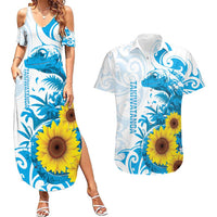 New Zealand Autism Awareness Month Couples Matching Summer Maxi Dress and Hawaiian Shirt Takiwatanga Maori Lizard With Sunflower LT14 Blue - Polynesian Pride