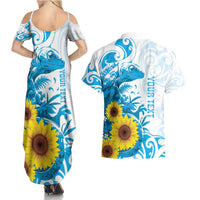 New Zealand Autism Awareness Month Couples Matching Summer Maxi Dress and Hawaiian Shirt Takiwatanga Maori Lizard With Sunflower LT14 - Polynesian Pride