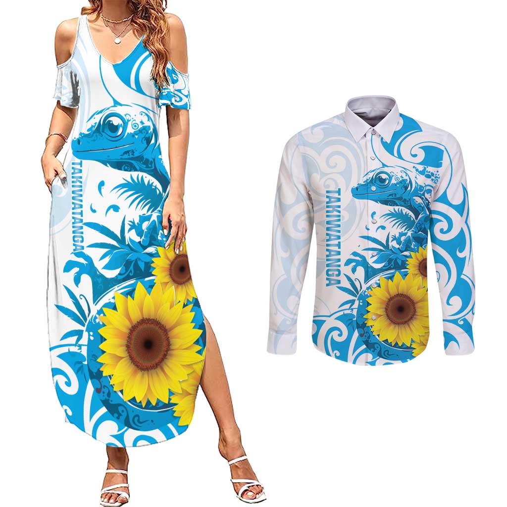 New Zealand Autism Awareness Month Couples Matching Summer Maxi Dress and Long Sleeve Button Shirt Takiwatanga Maori Lizard With Sunflower LT14 Blue - Polynesian Pride