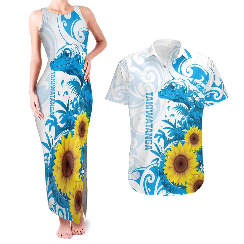 New Zealand Autism Awareness Month Couples Matching Tank Maxi Dress and Hawaiian Shirt Takiwatanga Maori Lizard With Sunflower LT14 Blue - Polynesian Pride