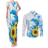 New Zealand Autism Awareness Month Couples Matching Tank Maxi Dress and Long Sleeve Button Shirt Takiwatanga Maori Lizard With Sunflower LT14 Blue - Polynesian Pride