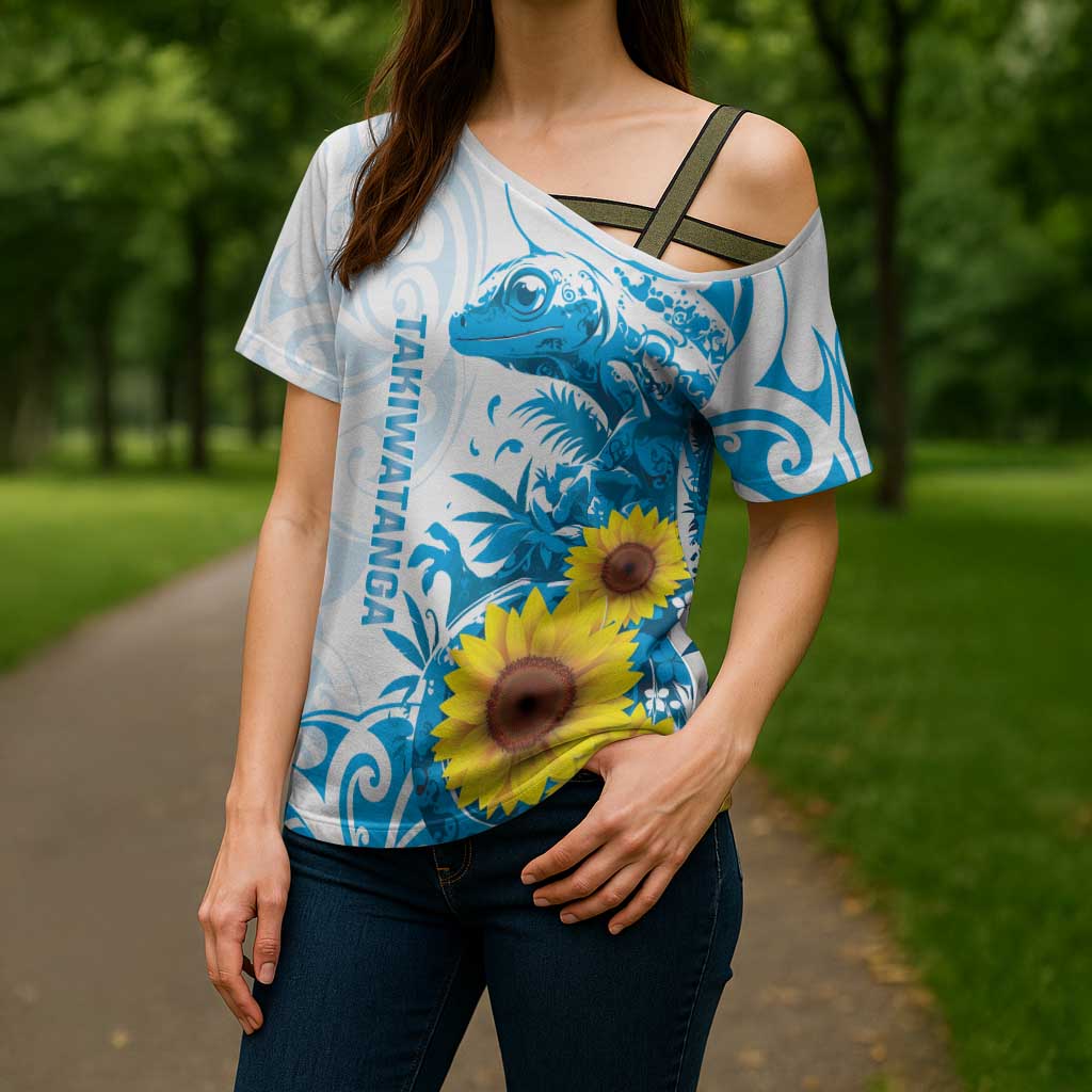 New Zealand Autism Awareness Month Cross Shoulder Shirt Takiwatanga Maori Lizard With Sunflower LT14 - Polynesian Pride