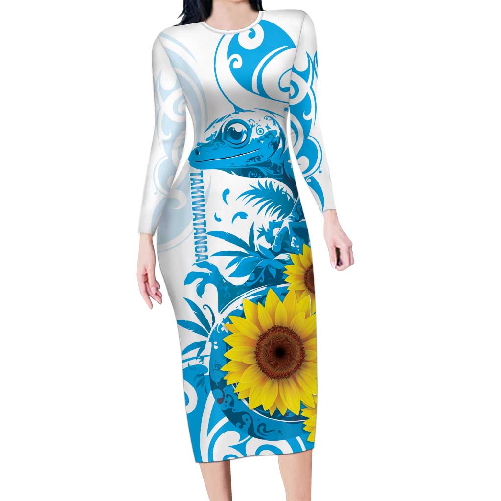 New Zealand Autism Awareness Month Family Matching Long Sleeve Bodycon Dress and Hawaiian Shirt Takiwatanga Maori Lizard With Sunflower LT14 Mom's Dress Blue - Polynesian Pride