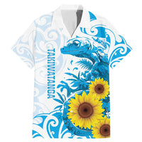 New Zealand Autism Awareness Month Family Matching Mermaid Dress and Hawaiian Shirt Takiwatanga Maori Lizard With Sunflower LT14 Dad's Shirt - Short Sleeve Blue - Polynesian Pride