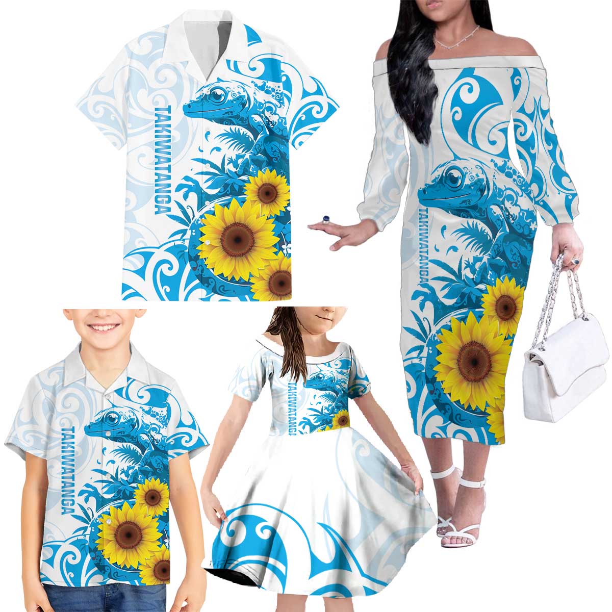 New Zealand Autism Awareness Month Family Matching Off The Shoulder Long Sleeve Dress and Hawaiian Shirt Takiwatanga Maori Lizard With Sunflower LT14 - Polynesian Pride