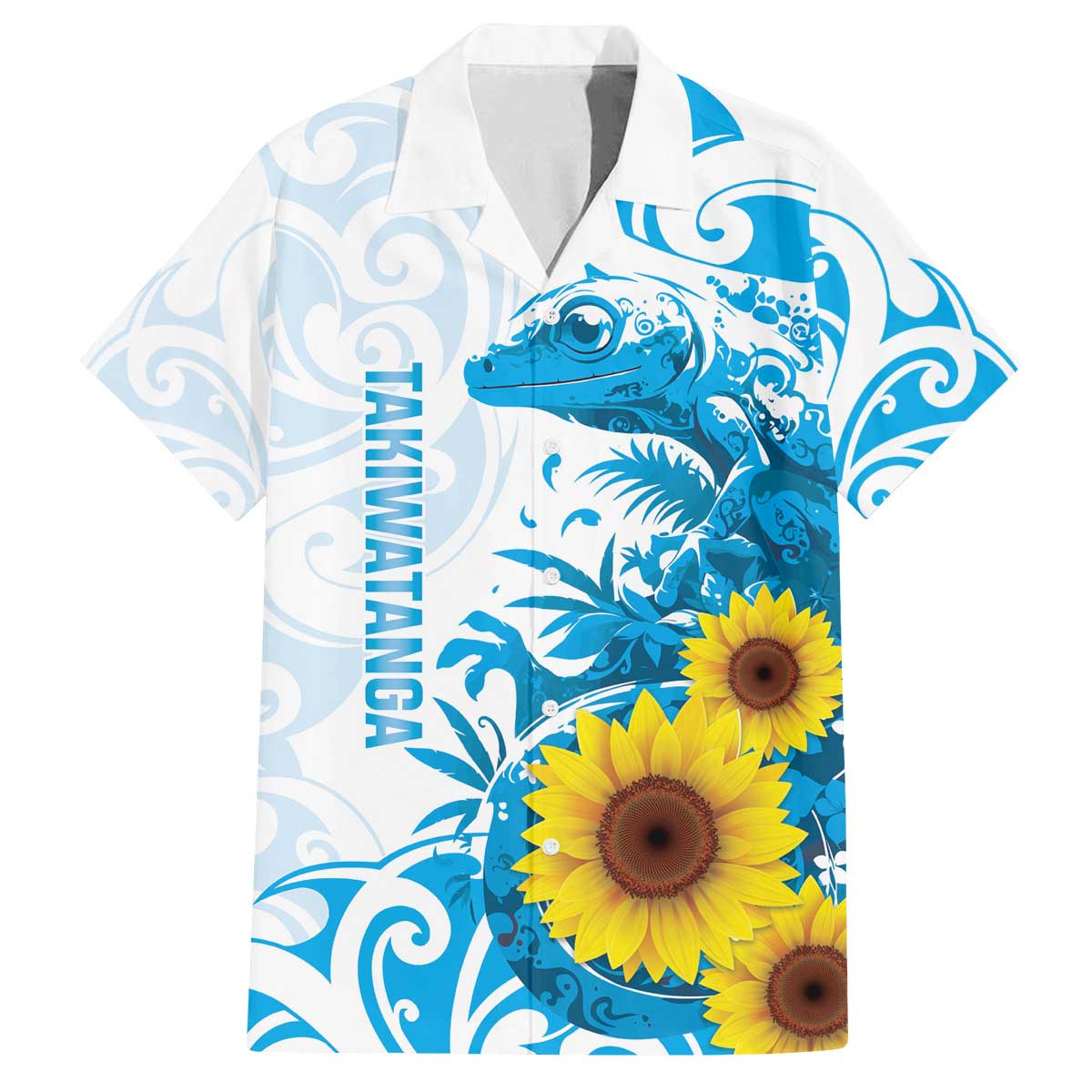 New Zealand Autism Awareness Month Family Matching Off The Shoulder Long Sleeve Dress and Hawaiian Shirt Takiwatanga Maori Lizard With Sunflower LT14 Dad's Shirt - Short Sleeve Blue - Polynesian Pride