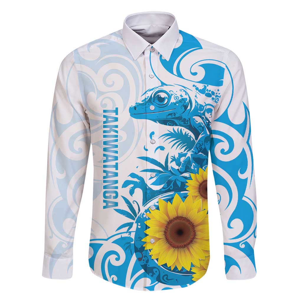 New Zealand Autism Awareness Month Family Matching Off Shoulder Maxi Dress and Hawaiian Shirt Takiwatanga Maori Lizard With Sunflower LT14 Dad's Shirt - Long Sleeve Blue - Polynesian Pride