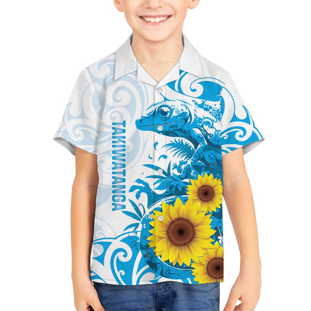 New Zealand Autism Awareness Month Family Matching Off Shoulder Maxi Dress and Hawaiian Shirt Takiwatanga Maori Lizard With Sunflower LT14 Son's Shirt Blue - Polynesian Pride