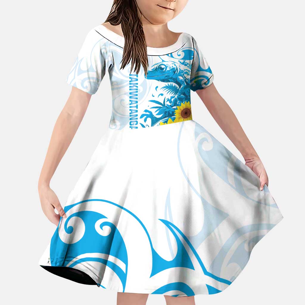 New Zealand Autism Awareness Month Family Matching Puletasi and Hawaiian Shirt Takiwatanga Maori Lizard With Sunflower LT14 Daughter's Dress Blue - Polynesian Pride