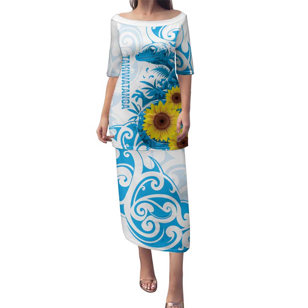 New Zealand Autism Awareness Month Family Matching Puletasi and Hawaiian Shirt Takiwatanga Maori Lizard With Sunflower LT14 Mom's Dress Blue - Polynesian Pride