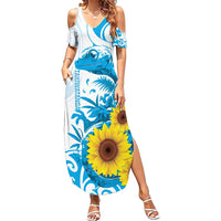 New Zealand Autism Awareness Month Family Matching Summer Maxi Dress and Hawaiian Shirt Takiwatanga Maori Lizard With Sunflower LT14 Mom's Dress Blue - Polynesian Pride