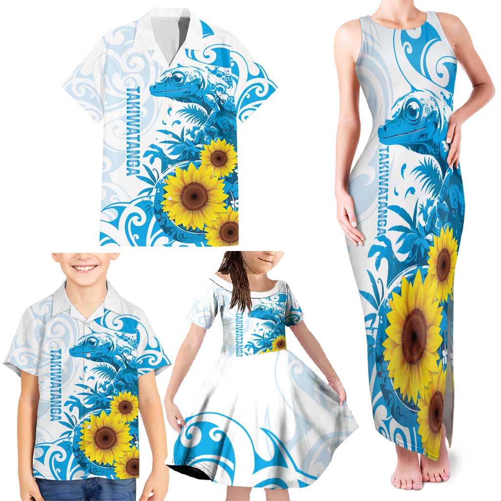 New Zealand Autism Awareness Month Family Matching Tank Maxi Dress and Hawaiian Shirt Takiwatanga Maori Lizard With Sunflower LT14 - Polynesian Pride