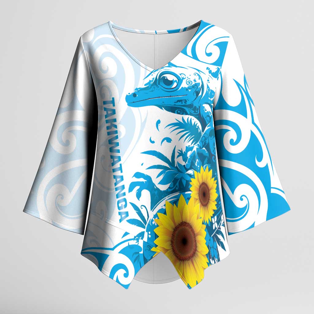New Zealand Autism Awareness Month Kimono Sleeve Blouse Takiwatanga Maori Lizard With Sunflower LT14 Female Blue - Polynesian Pride