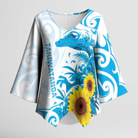 New Zealand Autism Awareness Month Kimono Sleeve Blouse Takiwatanga Maori Lizard With Sunflower LT14 Female Blue - Polynesian Pride