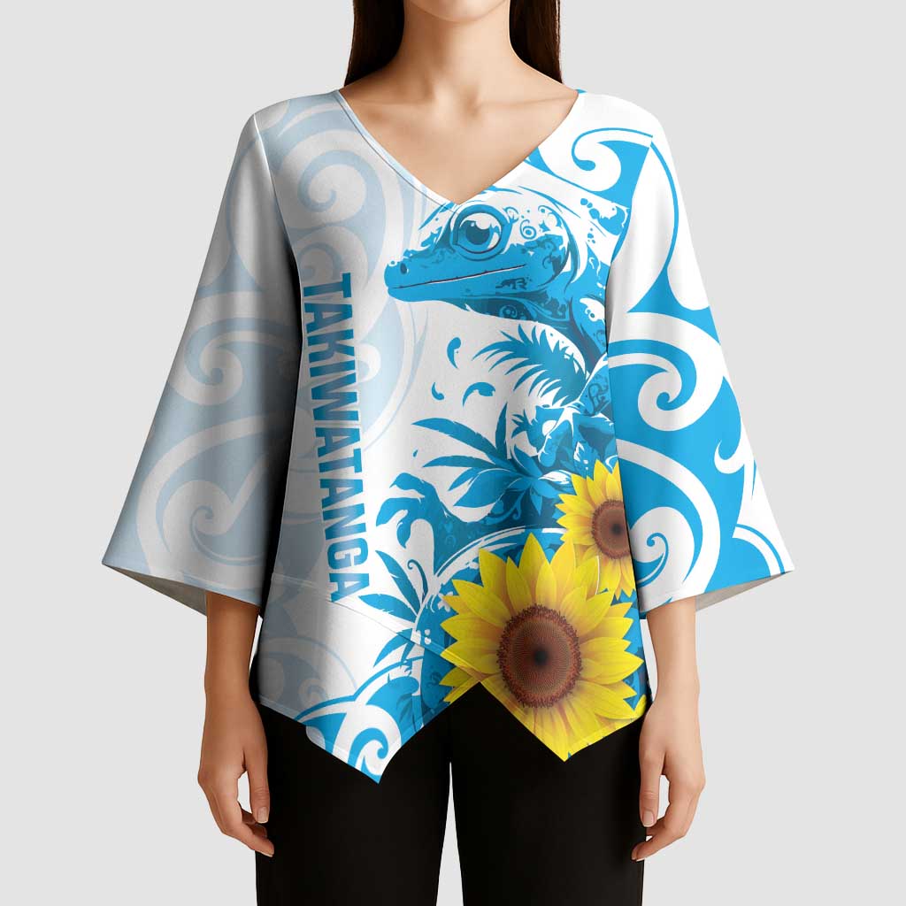 New Zealand Autism Awareness Month Kimono Sleeve Blouse Takiwatanga Maori Lizard With Sunflower LT14 - Polynesian Pride