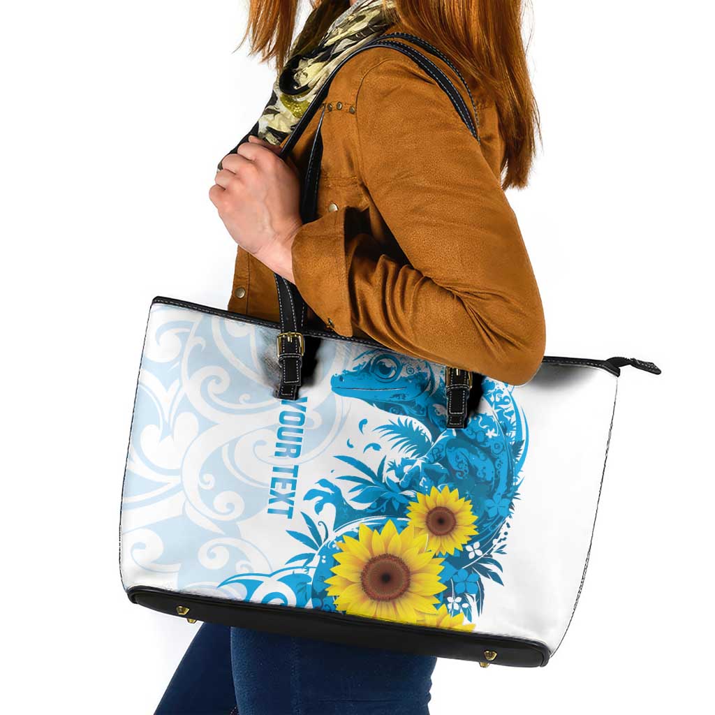 New Zealand Autism Awareness Month Leather Tote Bag Takiwatanga Maori Lizard With Sunflower LT14 Blue - Polynesian Pride
