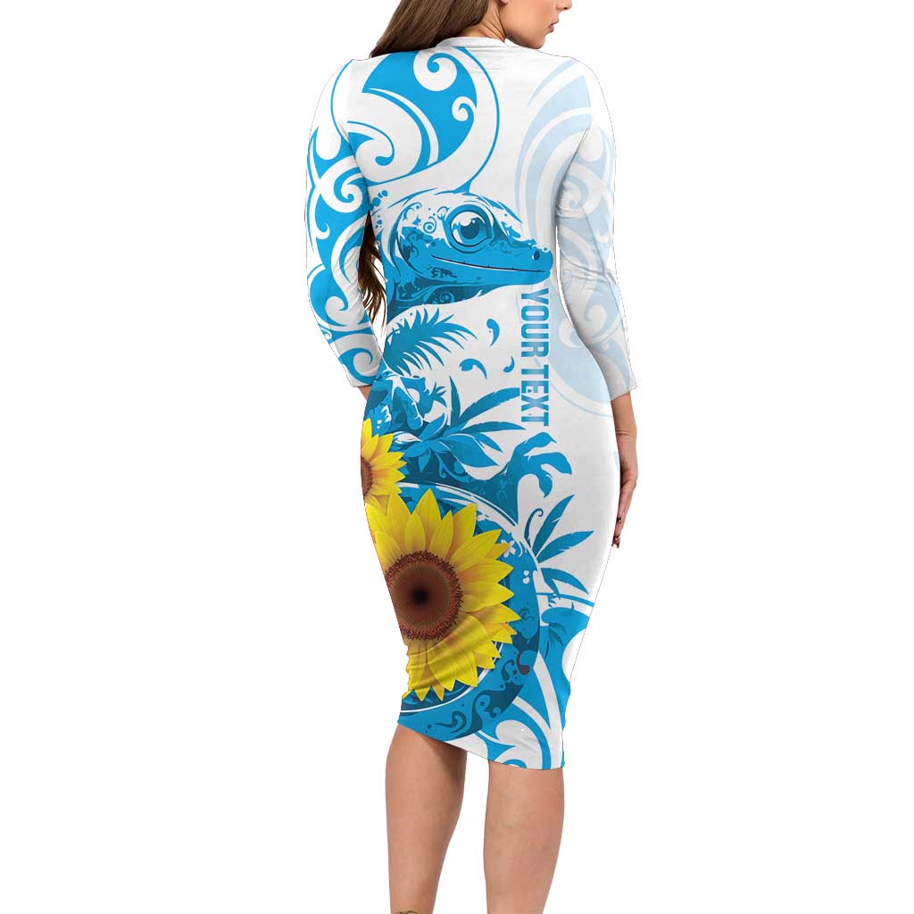 New Zealand Autism Awareness Month Long Sleeve Bodycon Dress Takiwatanga Maori Lizard With Sunflower LT14 - Polynesian Pride